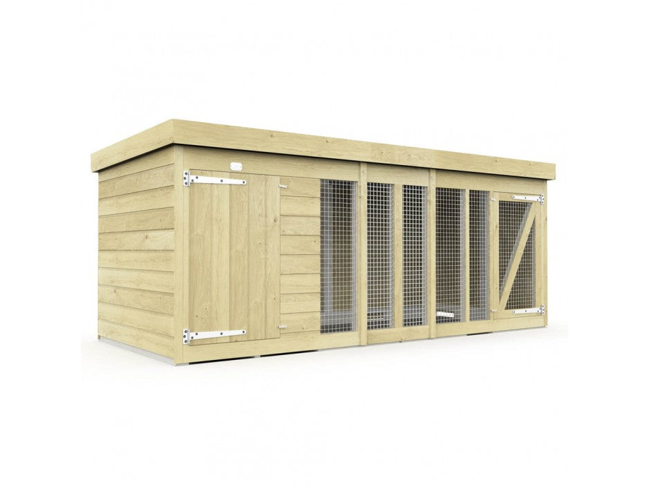 The ShedsDIY Dog Kennel is a rectangular wooden shelter with a flat roof, ideal for outdoor use. It has a solid door on the left and three mesh wire sections for ventilation and light. The wood has a natural finish, treated with water-based products for enhanced durability.