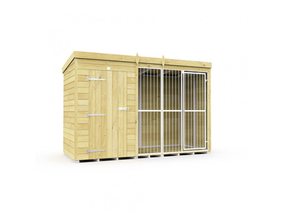The ShedsDIY Dog Kennel features a left section with a solid door and metal hinges, and the right side has vertical metal bars. Ideal for outside use, it's treated for durability. Set against a plain white background.