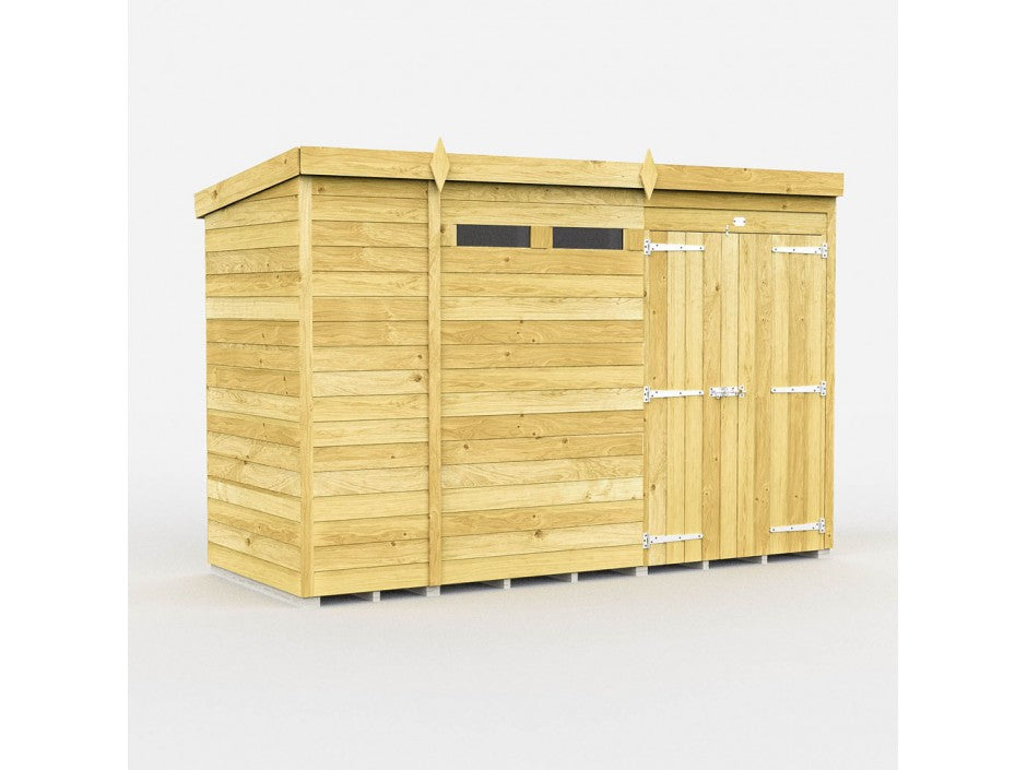 The ShedsDIY Pent Shed 4ft wide is a wooden garden storage building with a flat roof and tongue-and-groove panels. It features small horizontal windows near the top and a large door with metal hinges and latch, set against a plain white background.