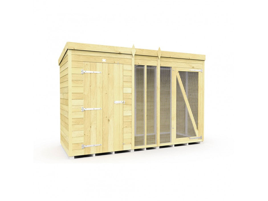The ShedsDIY Dog Kennel is an ideal outdoor shelter, water-based treated for durability. It includes a left solid section with a door on metal hinges and a right mesh-covered area for ventilation and visibility, all under a flat roof.