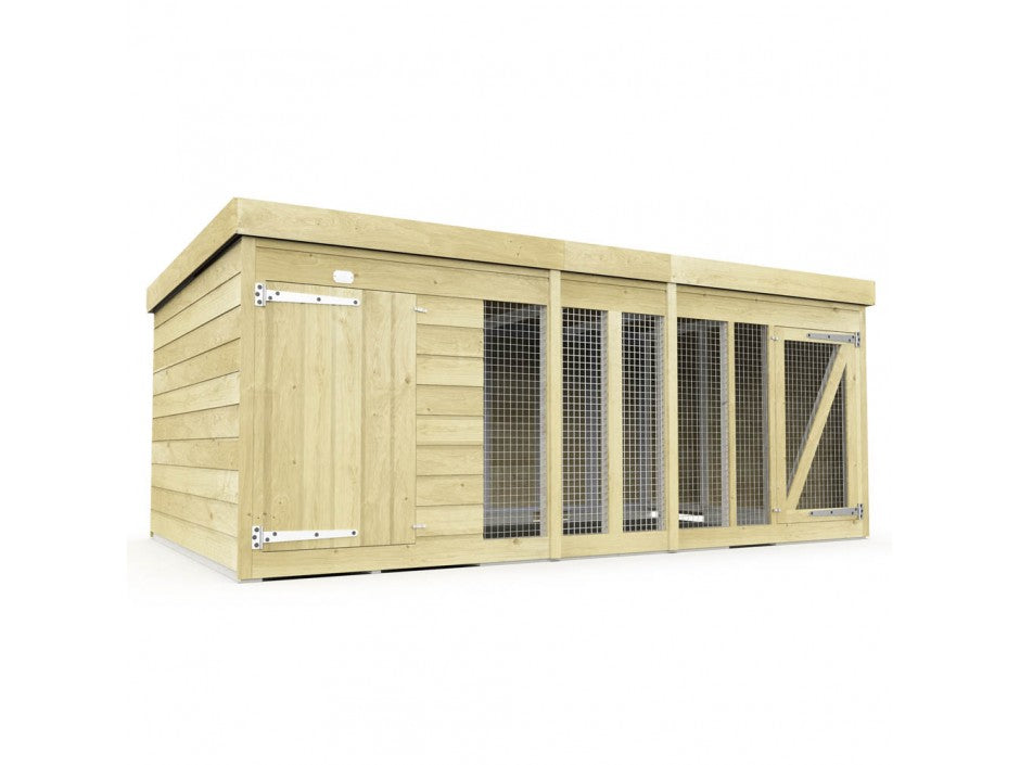 The ShedsDIY Dog Kennel is crafted from wood with water-based treated mesh panels and a solid roof. It features a large side door, ensuring visibility and ventilation through smaller wire mesh sections.