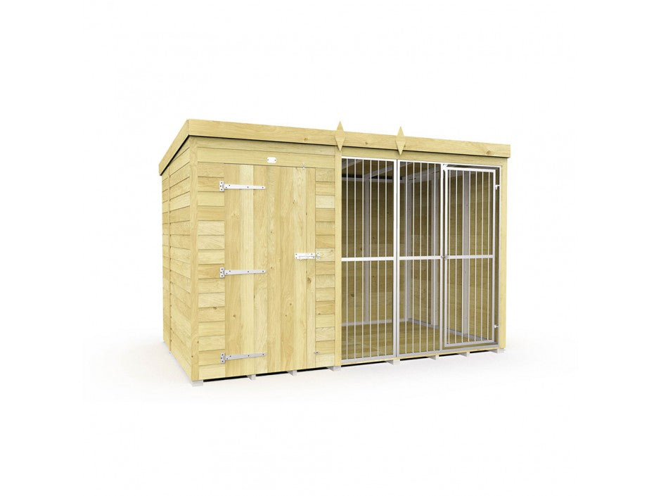 The ShedsDIY Dog Kennel features a wooden structure with a solid door on the left and wire-mesh enclosure on the right, completed with a flat roof and metal hinges. It's made from water-based treated wood for outdoor durability, displayed against a white background.