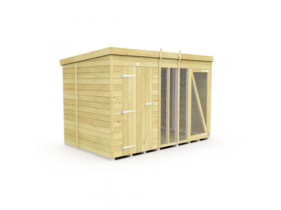 The ShedsDIY Dog Kennel features a modern, rectangular design with a flat roof and solid door complete with metal hinges and handles. A section includes wire mesh panels for visibility. Crafted from light-colored wood, it has a smooth finish and is water-based treated for added durability.