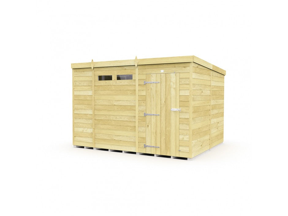 The ShedsDIY Pent Shed 8ft wide is a garden storage solution with tongue and groove construction, a flat roof, a single door with metal hinges and handle, and two small rectangular windows on the left. It's light wood with an isolated white background.