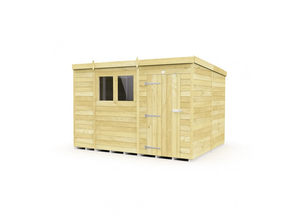 The ShedsDIY Pent Shed 8ft wide is a stylish wooden garden storage solution featuring tongue and groove construction, a flat roof, horizontal planks, a single door with metal hinges and handle on the right, and a window on the left, set against a plain white background.