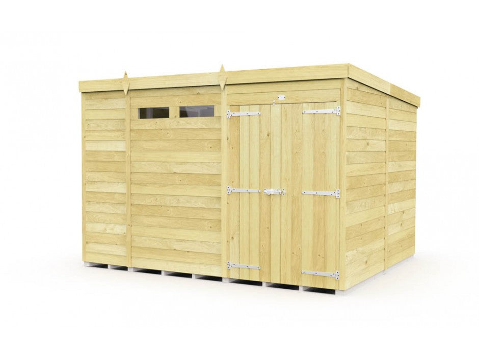 The ShedsDIY Pent Shed (8ft wide) has a flat roof and a light natural finish, ideal for garden storage. It features horizontal tongue-and-groove paneling, a small left window, and double doors with metal hinges, all set against a white background.