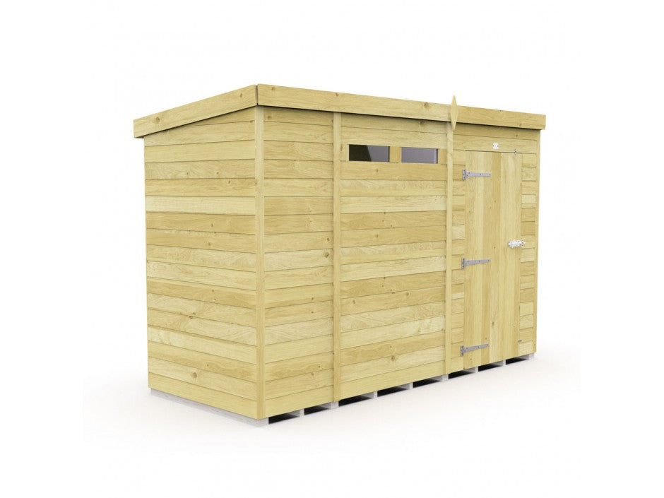 The ShedsDIY Pent Shed 4ft wide is a light wooden structure with a flat roof and tongue and groove panels. It features a small rectangular window, a single door with metallic hinges, a lock on the right side, and is set against a plain white background.
