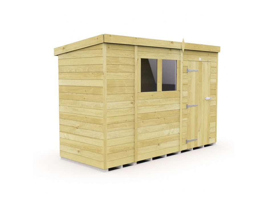 The image features the ShedsDIY Pent Shed 4ft wide, a wooden garden storage structure with a flat roof. It has a right-sided single door with metal hinges and latch, plus a small window beside it, set in natural tongue and groove cladded panels.