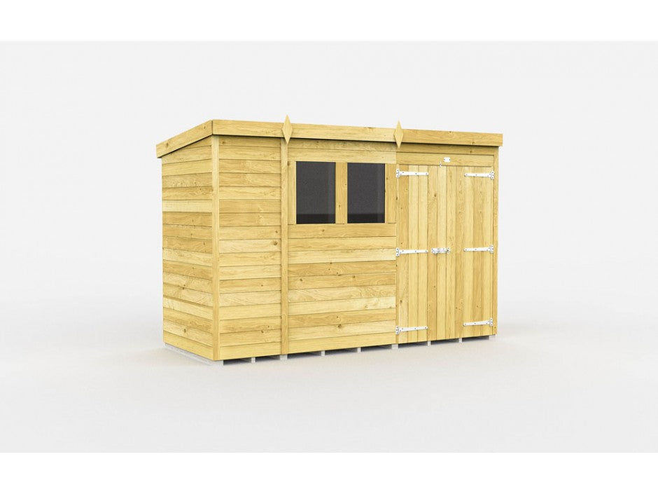 The ShedsDIY Pent Shed 4ft wide is a small, wooden garden storage building with a flat roof, two windows, and a single door. It features sleek tongue and groove cladded panels in light brown with a plank design and stands on a flat, white surface.