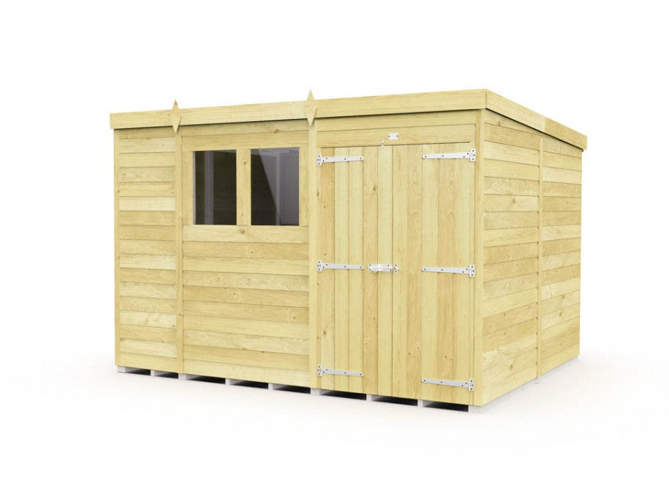 The ShedsDIY Pent Shed 8ft wide features a flat roof, single door with metal hinges, and a small adjacent window. Its natural wood finish and slightly elevated base enhance both functionality and charm, making it perfect for garden storage.