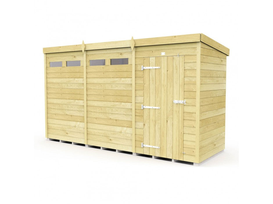 The ShedsDIY Pent Shed, 4ft wide, features tongue and groove cladded panels, a flat roof, a single door with metal hinges and latch, and top front windows. Elegant against a white background, it's perfect for any garden.
