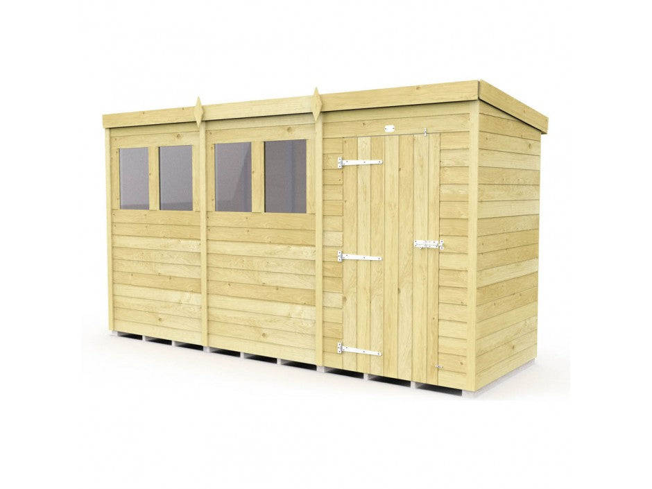 The ShedsDIY Pent Shed 4ft wide is a wooden garden storage building featuring a flat roof, three large windows, and a solid door. It is made from light-colored tongue and groove cladded panels with metal hinges, showcasing a simple and functional design typical of pent sheds.