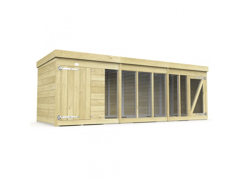 The spacious ShedsDIY Dog Kennel offers outdoor shelter with a flat roof and wire mesh front, featuring a treated solid door on the left and a sectioned area with a wooden frame on the right for optimal light and ventilation for your pets.