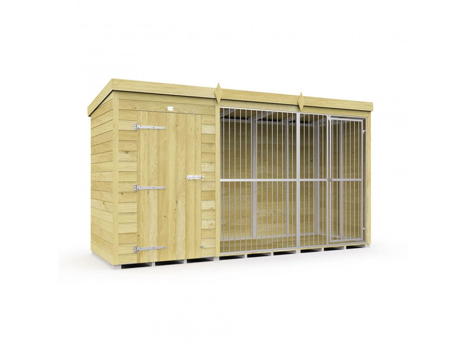 The ShedsDIY Dog Kennel is a water-treated wooden shelter with a sloping roof. It features a left-side closed section with a door and an open cage-like area on the right, making it an ideal outdoor dog run. Perfectly set against a plain white background.