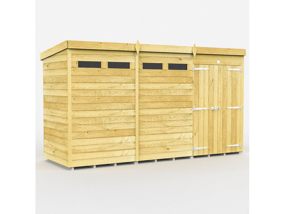 The ShedsDIY Pent Shed 4ft wide is an elegant wooden garden storage building with a flat roof and light brown finish. It features tongue and groove cladded panels, two small top windows, and a large secure door on the right with silver hinges and latch.