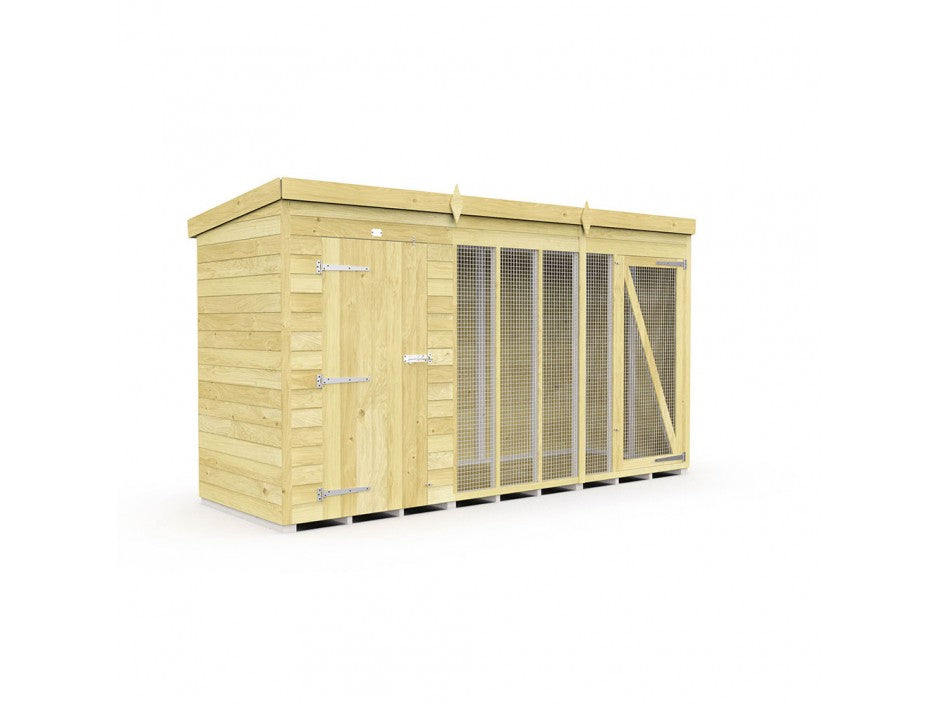 The ShedsDIY Dog Kennel is a wooden garden shed with a flat roof, featuring a solid door on the left and wire mesh on the right for ventilation. Treated with water-based finishes, it's light brown and suitable as an outdoor shelter or dog kennel and run.