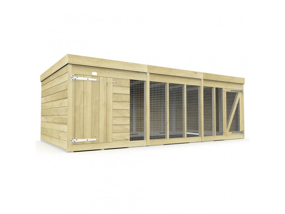 The ShedsDIY Dog Kennel is a roomy, water-based treated wooden shelter with a flat roof, solid wooden door on the left, and wire mesh panels for ventilation. Ideal for providing outdoor comfort and playroom for small animals.