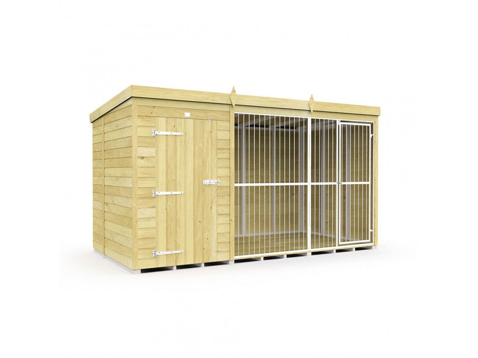 The ShedsDIY Dog Kennel features a solid wood area with lattice sections, secured by metal hinges and locks. This outdoor shelter includes a flat roof and is treated with water-based solutions for durability, making it ideal for housing animals.