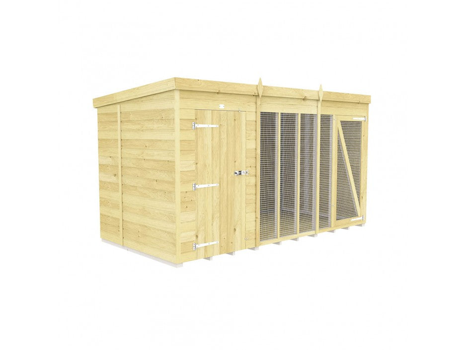 The ShedsDIY Dog Kennel is a water-treated wooden structure, perfect as an outdoor shelter. It features a solid area with door access, a mesh-fronted section with angled beams, and a flat roof. The enclosure uses horizontal wooden panels for enhanced durability and style.