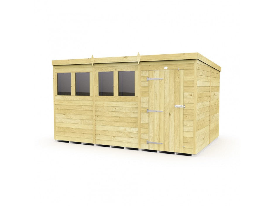 The ShedsDIY Pent Shed 8ft wide has a flat roof, four small windows on the left, and a right door with metal hinges and latch. Its tongue-and-groove construction ensures durability for garden storage, while its light natural wood finish stands out against a plain white background.