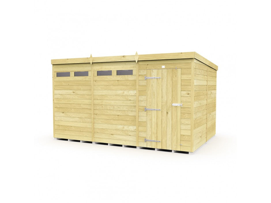 The ShedsDIY Pent Shed 8ft wide offers a classic look with a flat roof and tongue and groove construction. It features a three-panel front with small rectangular windows, a door with metal hinges and handle, and a light wood finish for timeless charm.