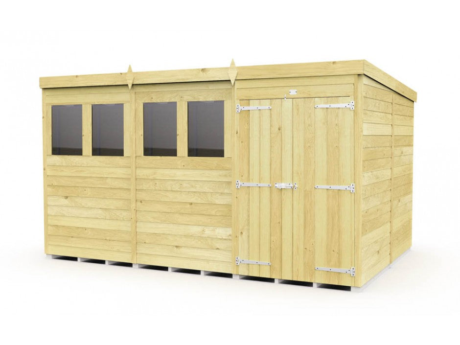 The ShedsDIY Pent Shed, 8ft wide, features a flat roof, tongue and groove panels, horizontal cladding, three windows, and double doors with visible metal hinges. Ideal for garden storage and set against a plain white backdrop.
