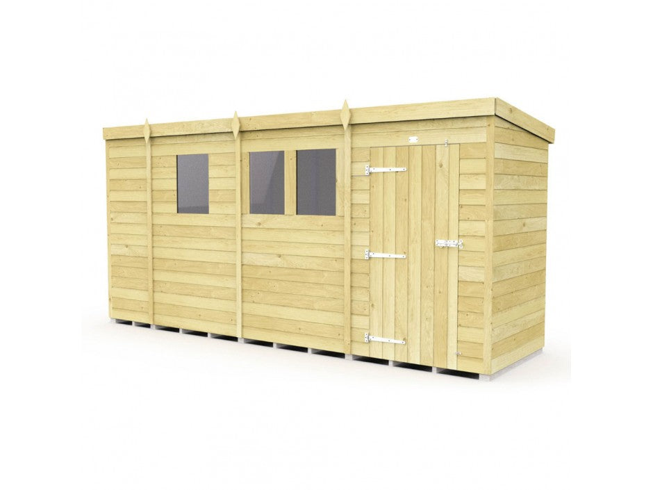 The ShedsDIY Pent Shed 4ft wide features a flat roof, tongue-and-groove cladded panels, three windows, and a right-side door with durable metal hinges and latch for style and security.