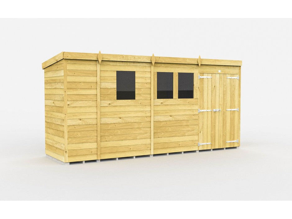The ShedsDIY Pent Shed 4ft wide features tongue and groove cladding, a slanted roof, two square windows, and double doors with metal hinges and handles, all on a plain light background.