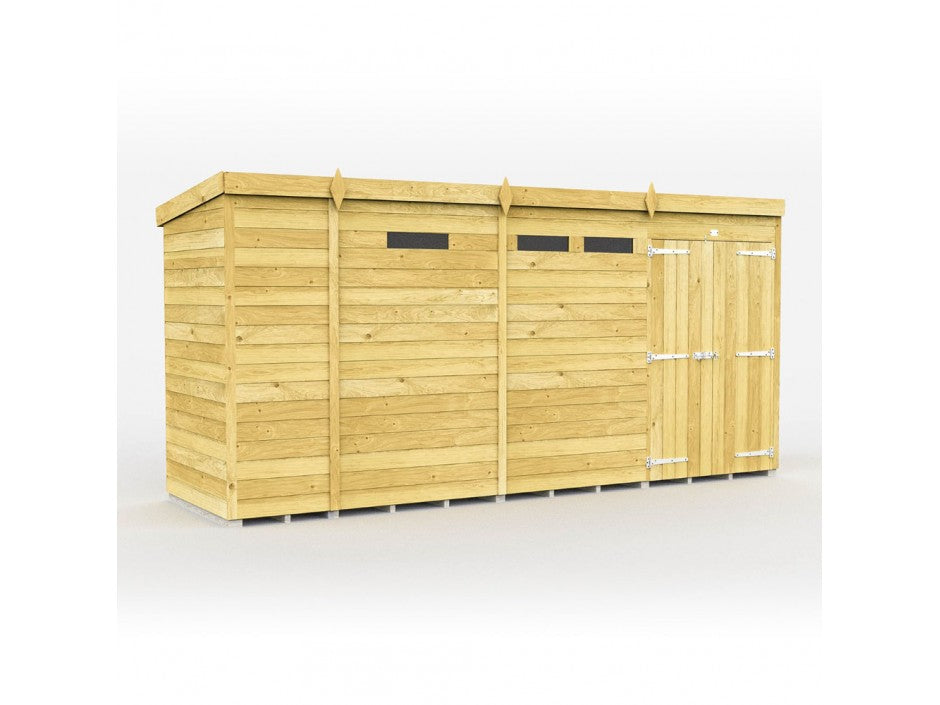 The ShedsDIY Pent Shed 4ft wide is a garden storage building with a flat roof and three small horizontal windows, featuring double doors with metal hinges and tongue-and-groove cladded panels made from light-colored wood, slightly elevated off the ground.