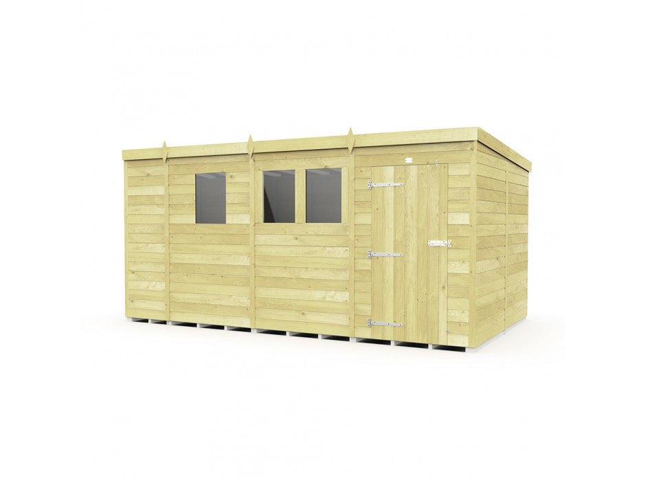 The Pent Shed 8ft wide from ShedsDIY showcases a flat roof and horizontal paneling, features tongue and groove construction for durability, a side door with metal hinges, two rectangular windows, and stands on a raised foundation. Its light natural wood exterior is ideal for garden storage.