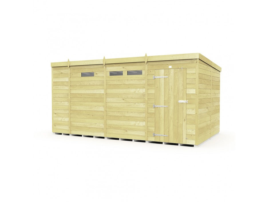 The 8ft wide Pent Shed by ShedsDIY is perfect for garden storage with its horizontal panels and flat roof. It features tongue and groove construction, a row of small windows near the top, and a right-side door with metal hinges.