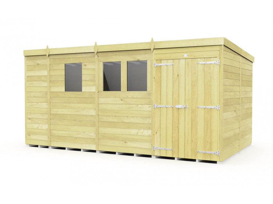 The ShedsDIY Pent Shed 8ft wide is a light wooden garden storage solution with a simple rectangular design. It features tongue and groove panels, three windows, double doors, metal hinges, and a flat roof. Elevated slightly off the ground, it's perfect for backyard needs.