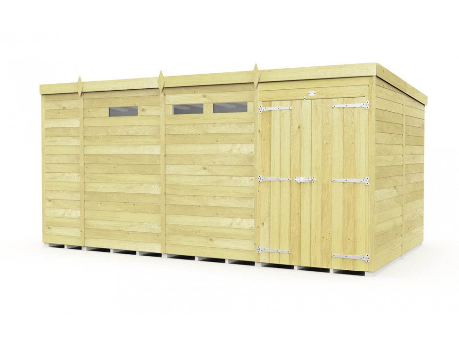 The ShedsDIY Pent Shed 8ft wide is a large wooden shed with tongue and groove planks, double doors, and a flat roof. It has three small rectangular windows at the top and features a light, natural wood color, making it ideal for garden storage.
