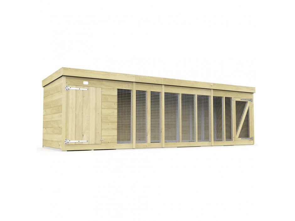 The ShedsDIY Dog Kennel features a wooden rectangular design perfect for outdoor shelter. It includes metal mesh panels, a solid wood entry door on the left, a smaller mesh door on the right, and a flat roof. Water-based treated, it's ideal for small pets or poultry.