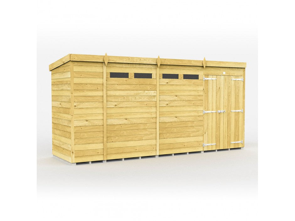 The ShedsDIY Pent Shed 4ft wide is a charming light brown wooden garden storage building featuring tongue and groove cladded panels, a sloped roof, three narrow horizontal windows near the top, and a wide door with metal hinges on the right, all set against a clean white background.