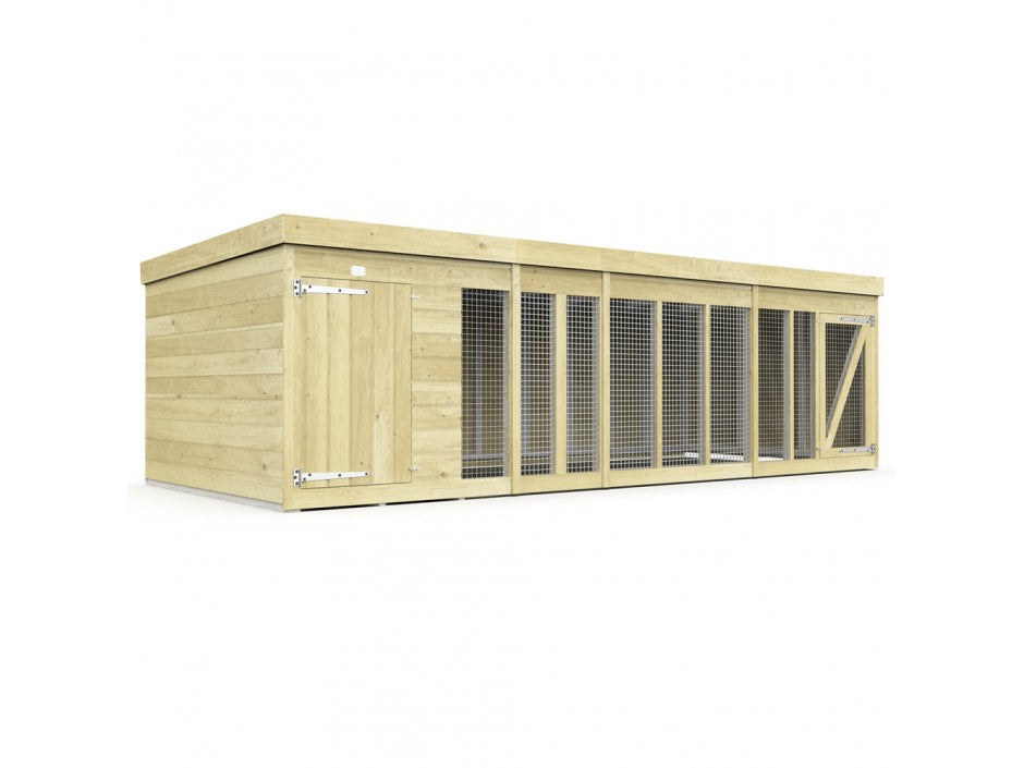 The ShedsDIY Dog Kennel is a wooden outdoor shelter with a flat roof, featuring mesh panels and a solid door on the left for visibility and ventilation. This rectangular structure is water-based treated to ensure durability, providing safe housing for animals.