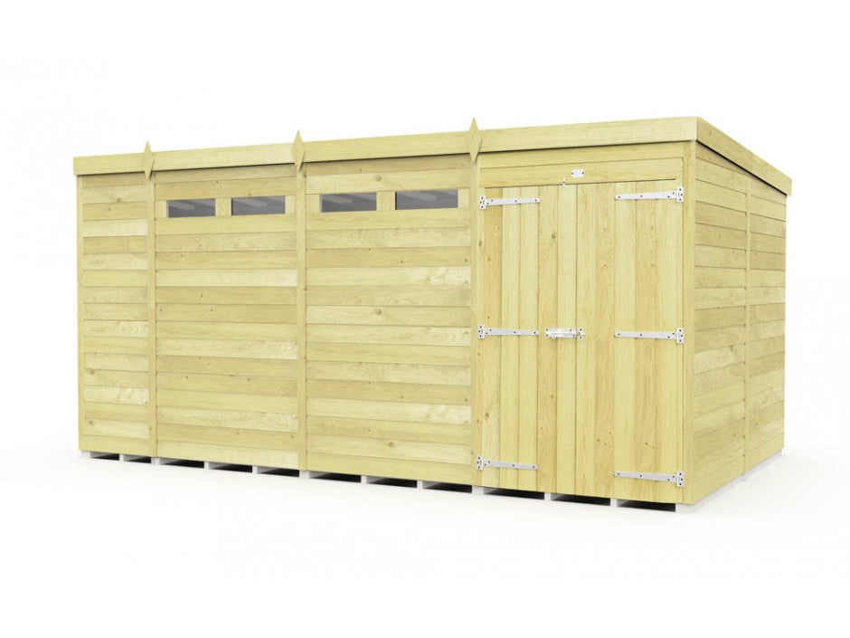 The Pent Shed 8ft wide by ShedsDIY is a wooden garden shed featuring a flat roof and three small windows near the top. It includes double doors with metal hinges, constructed from durable tongue and groove horizontal wood planks, providing ample garden storage.