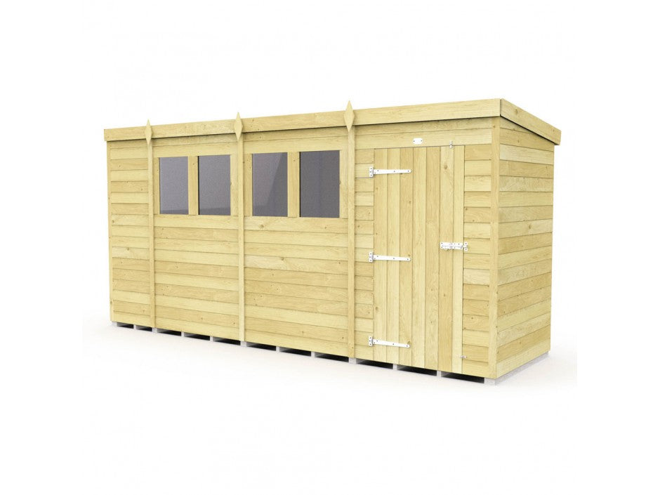 The ShedsDIY Pent Shed 4ft wide is a spacious wooden garden storage shed with unpainted tongue and groove cladded panels. It has a flat roof, single door with metal hinges and right-side lock, plus four horizontal rectangular windows on the left.