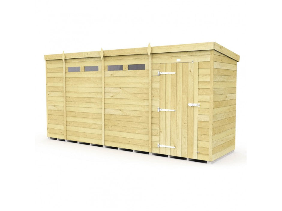 The ShedsDIY Pent Shed 4ft wide is a wooden garden storage building with a flat roof, featuring three small rectangular windows near the top and a metal-hinged door on the right. It boasts a natural wood finish and durable tongue and groove cladded panel walls.