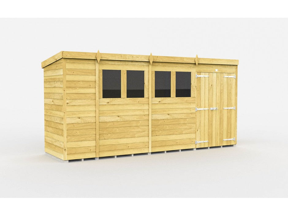 The ShedsDIY Pent Shed 4ft wide showcases a tongue and groove design with three windows, a door featuring metal hinges and latch, and a flat roof. It stands isolated on a white background, highlighting its optimal functionality.