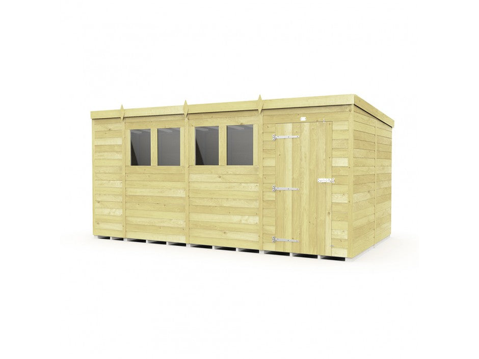 The ShedsDIY Pent Shed 8ft wide is a wooden garden shed with a flat, pent roof that provides superb storage. It has three rectangular side windows and a single door with metal hinges and handle, crafted from tongue and groove panels with a light, natural finish for rustic charm.