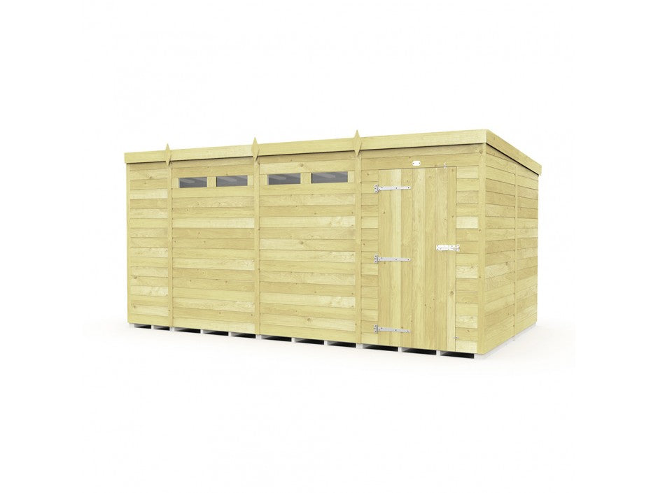 The ShedsDIY Pent Shed 8ft wide provides a stylish garden storage solution with its wooden rectangle shape and flat roof. It has horizontal slats, a door with metal hinges, three small windows on one side, and tongue and groove construction for seamless integration into any setting.