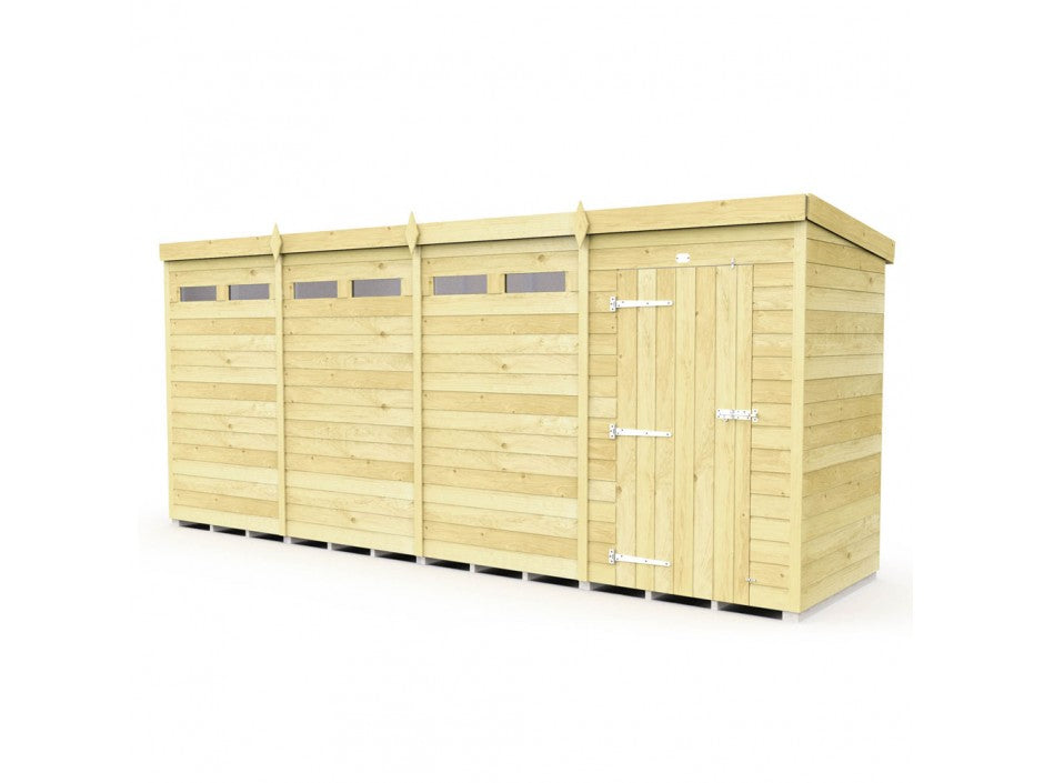 The ShedsDIY Pent Shed 4ft wide is a spacious, rectangular wooden garden storage building with light-colored tongue and groove panels, featuring a flat roof. It includes four horizontal square windows at the top and a double-door entry on the right with metal hinges and a latch.