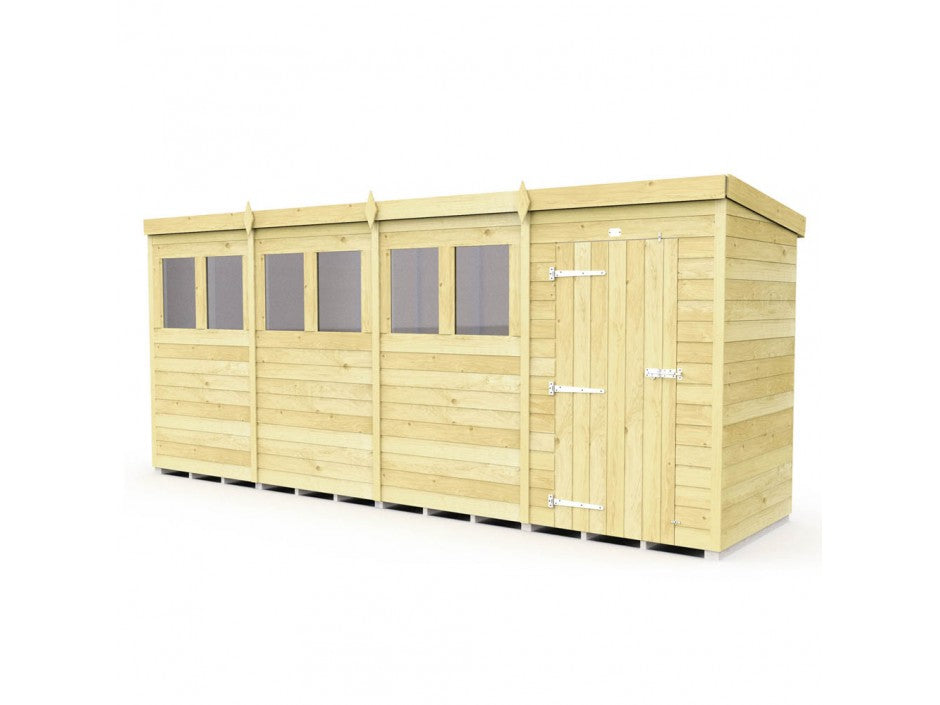 The Pent Shed 4ft wide by ShedsDIY offers tongue and groove cladded panels, a flat roof, and a side door with metal hinges, featuring four large rectangular windows on the left.
