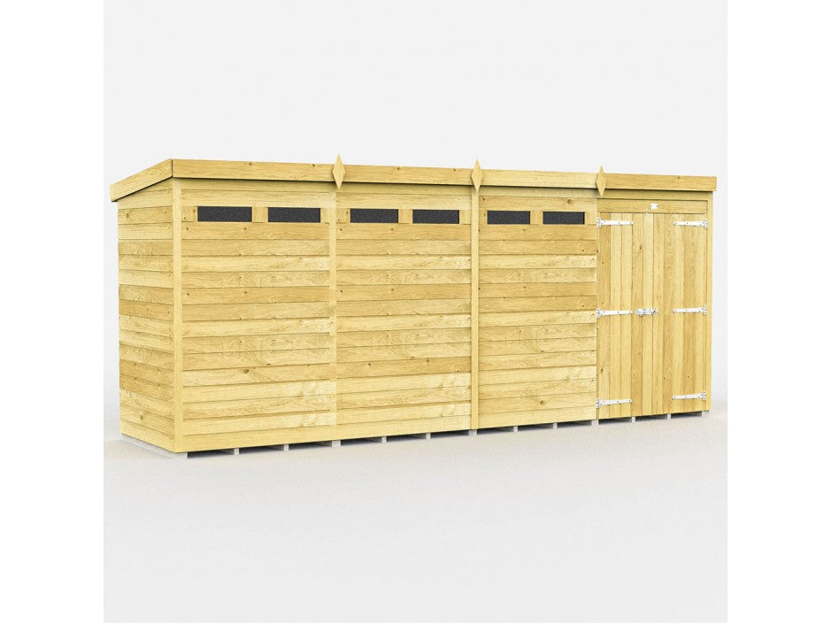 The ShedsDIY Pent Shed 4ft wide is a spacious wooden garden storage building with a flat roof, four horizontal windows, and a double-door entrance. Made from light-colored wood planks, it features tongue and groove cladded panels and is set against a white backdrop.