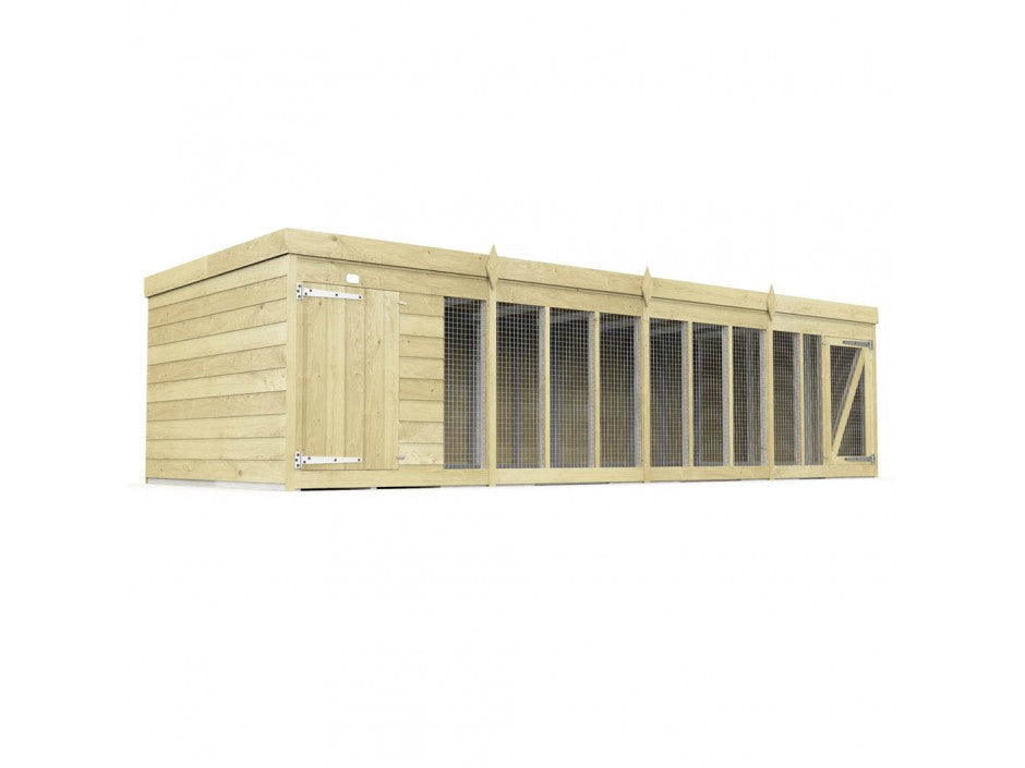 The ShedsDIY Dog Kennel has a sturdy wooden build with a solid closed section and larger meshed area for ventilation. Treated with water-based solutions, this outdoor shelter features a flat roof and single door secured by metal hinges.