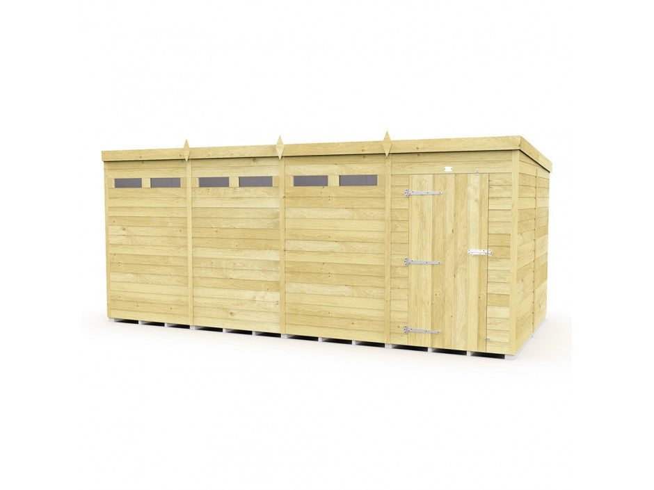 The Pent Shed 8ft wide by ShedsDIY is a wooden modular garden building, perfect for storage. It has four tongue-and-groove panels with narrow horizontal windows at the top and a right-side door with metal hinges and latch. The shed features a flat roof typical of pent designs.