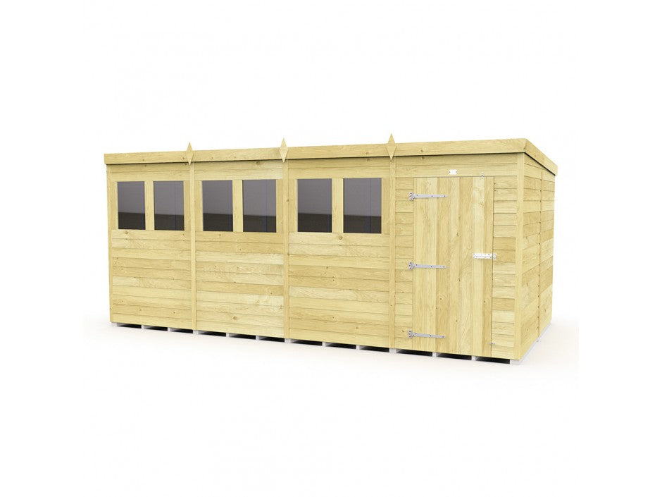 The ShedsDIY Pent Shed 8ft wide features tongue and groove construction for spacious garden storage. It has a flat roof, light wood panels, five windows in a row, and a single right-side door with metal hinges and latch.