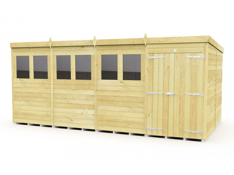 The ShedsDIY Pent Shed 8ft wide is a spacious wooden shed with a flat roof, crafted in a tongue and groove style. It features multiple side windows and a double door with metal hinges and handles, offering ample garden storage while showcasing a natural wood finish with visible grain.