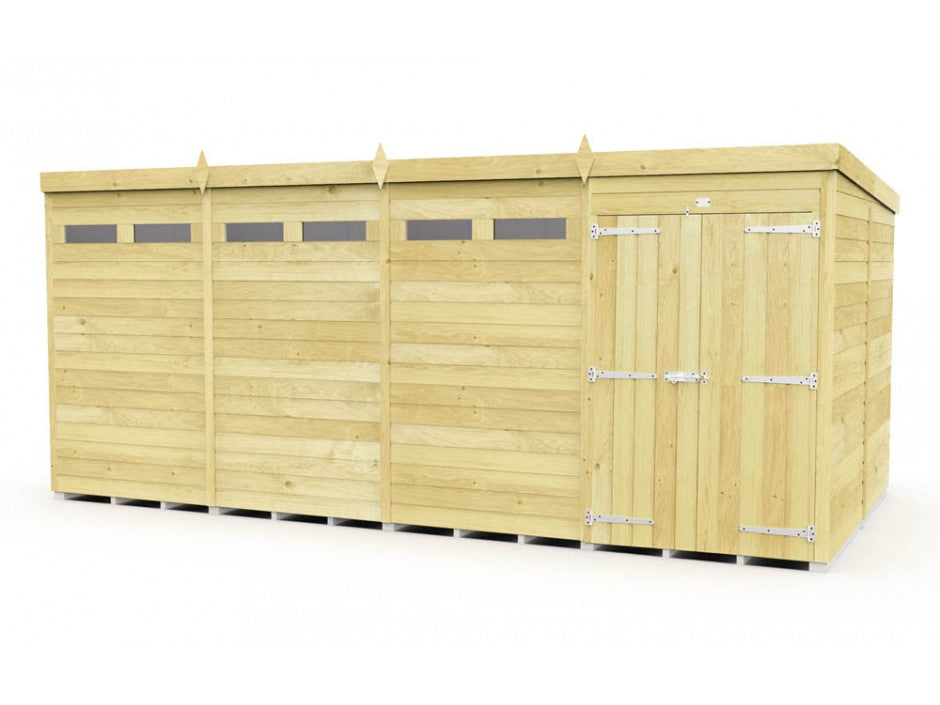 The ShedsDIY Pent Shed 8ft wide is a spacious wooden shed featuring high windows and double doors with metal hinges and a latch. Its flat roof and light-colored tongue-and-groove panels offer a simple, modern look, ideal for garden storage.